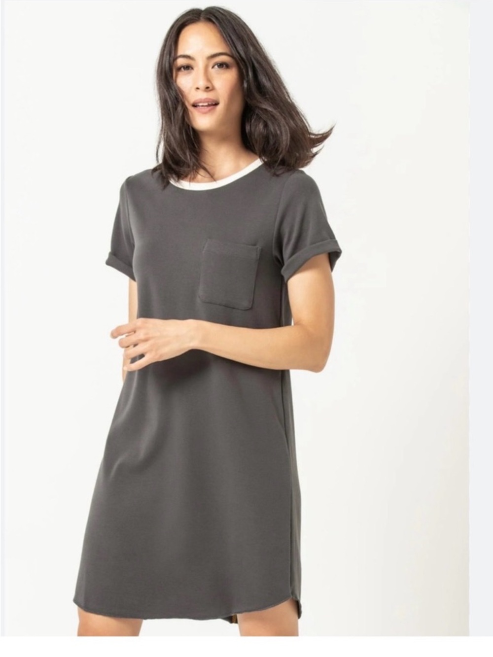 Lilla P Charcoal T-Shirt Dress with White Neck Trim Size Small